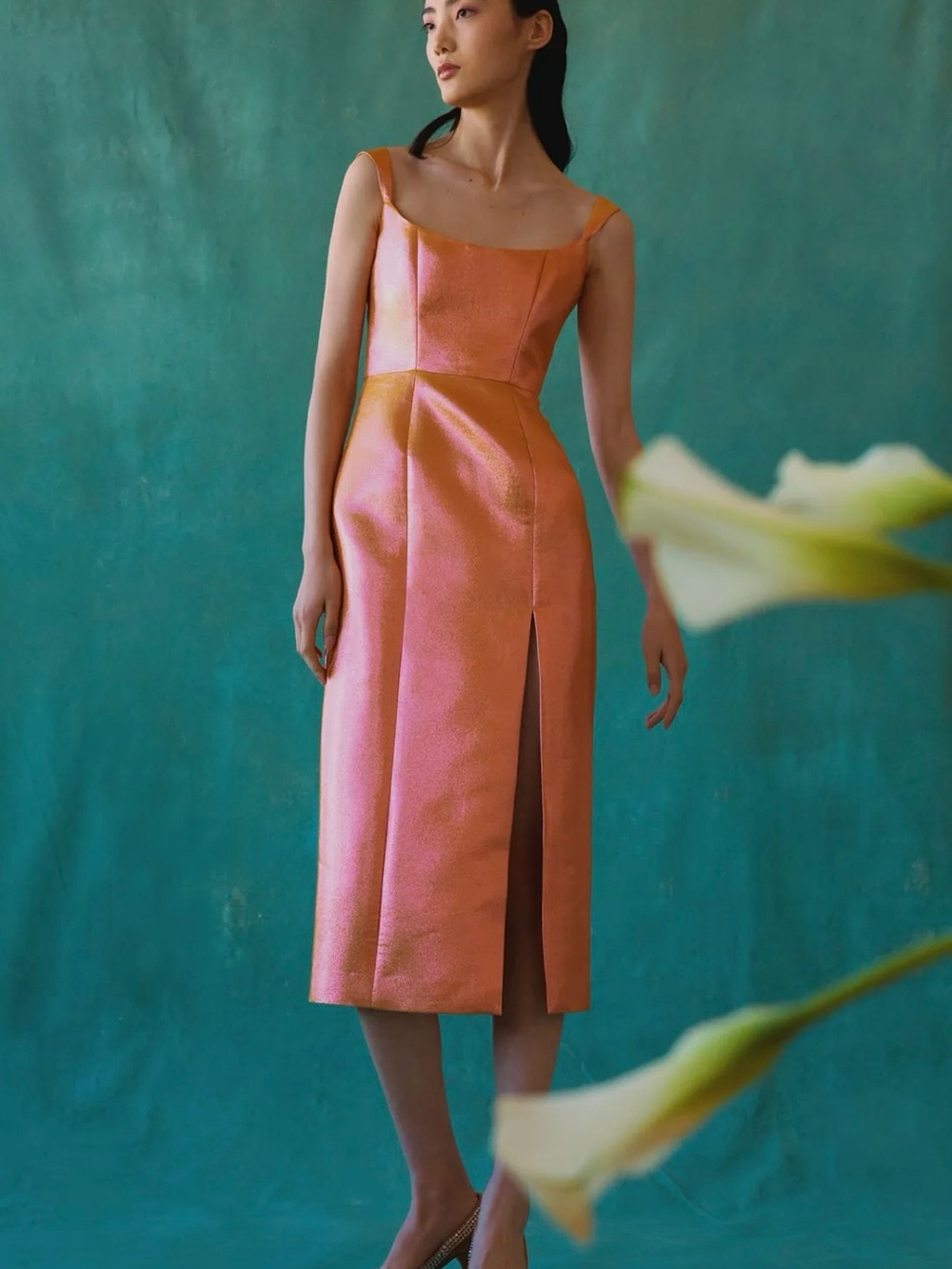 Markarian Coral-Peach Midi Dress with Front Slit